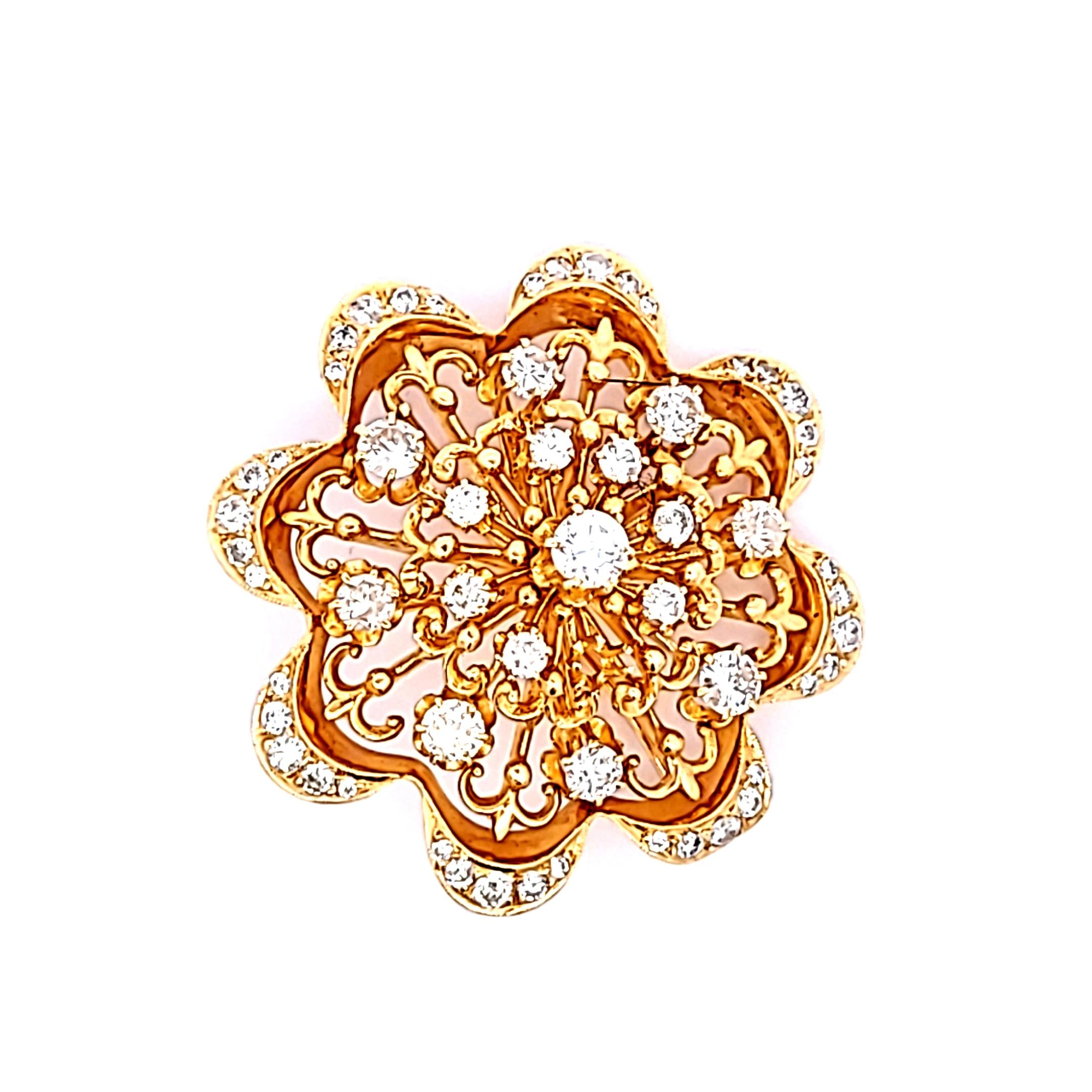 4.70ct Round Brilliant Diamond Flower Pin in 18K Yellow Gold