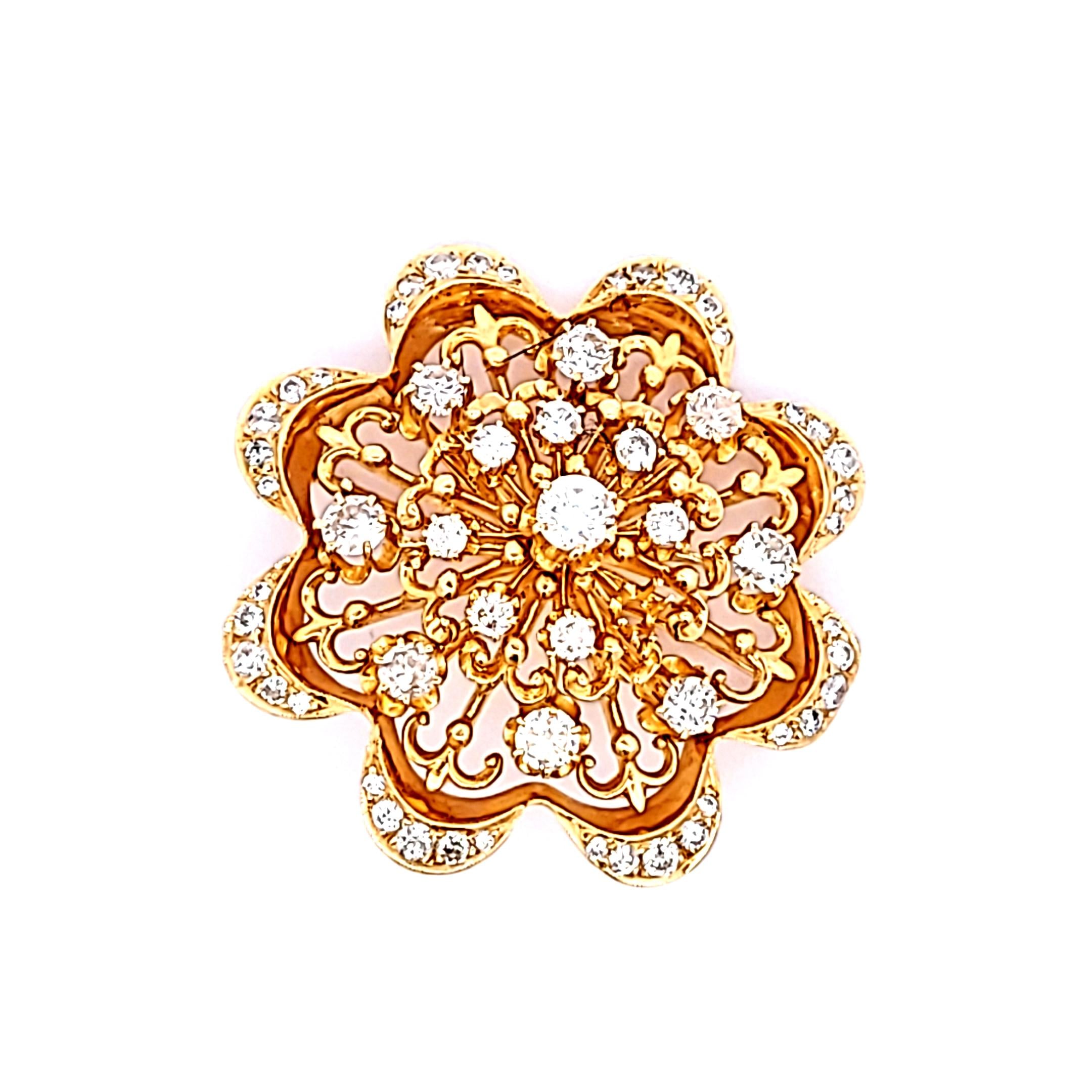 4.70ct Round Brilliant Diamond Flower Pin in 18K Yellow Gold