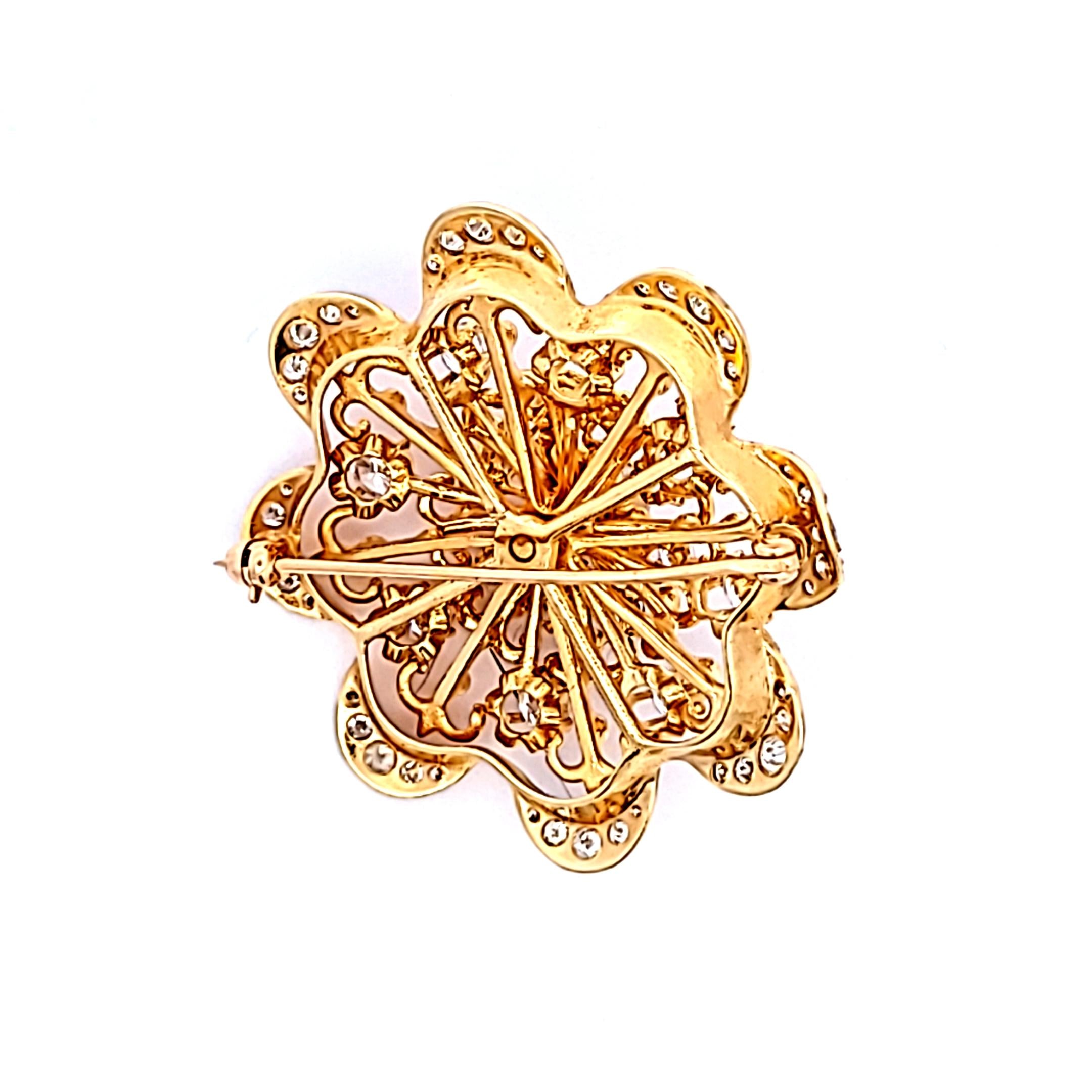 4.70ct Round Brilliant Diamond Flower Pin in 18K Yellow Gold