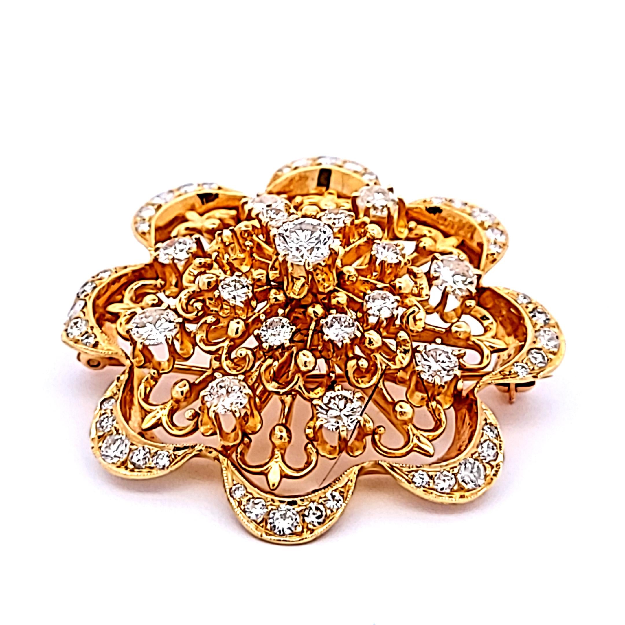 4.70ct Round Brilliant Diamond Flower Pin in 18K Yellow Gold
