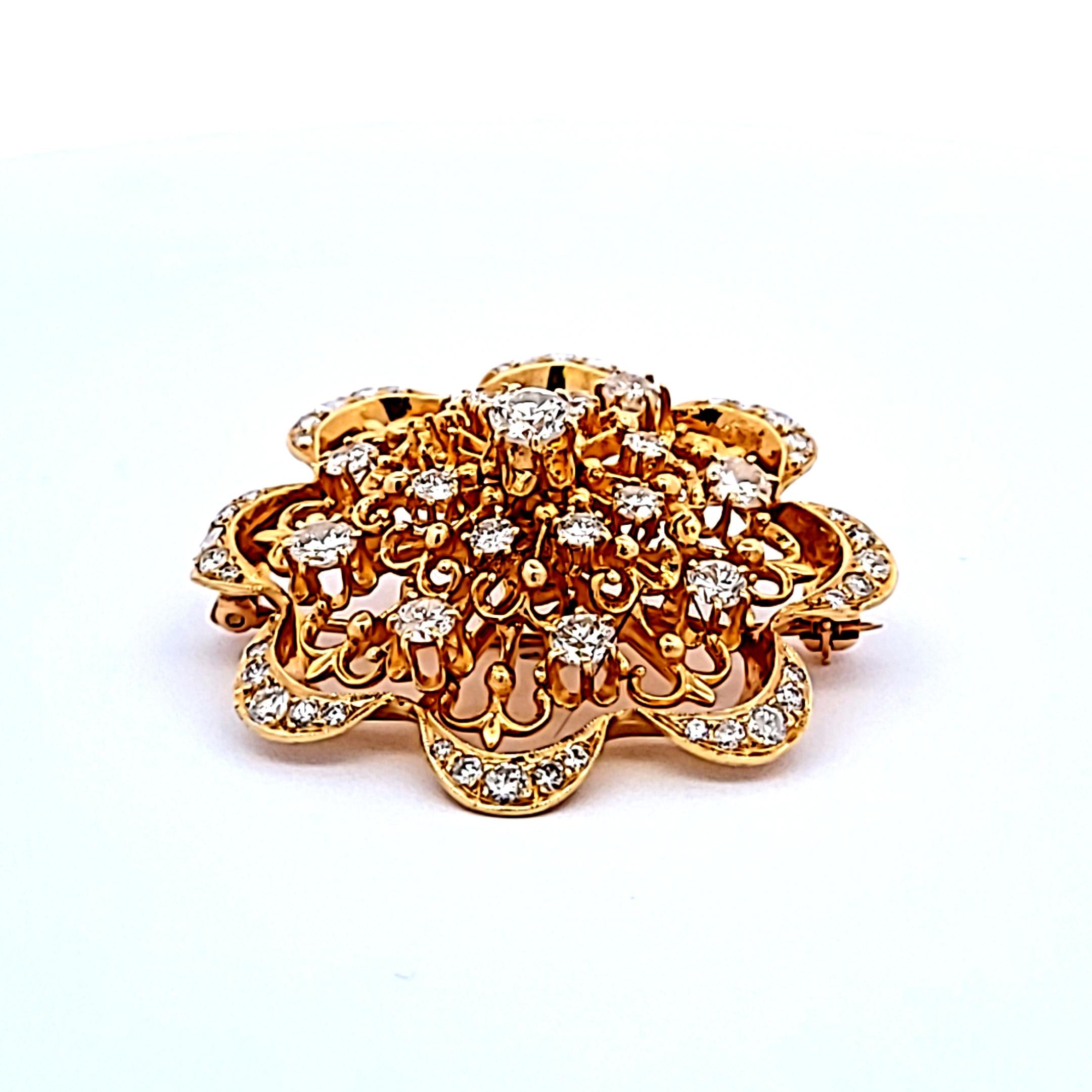 4.70ct Round Brilliant Diamond Flower Pin in 18K Yellow Gold