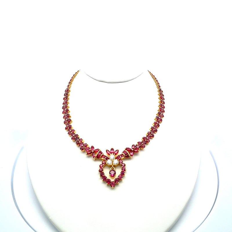 0.75 Carat Diamond and Ruby 18 Karat Yellow Gold Gems Stone Necklace