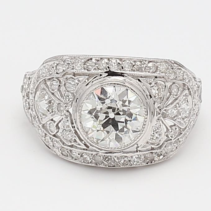 2.04 Carat Circular Brilliant Cut and Old European Cut Diamond Platinum Art Deco Ring