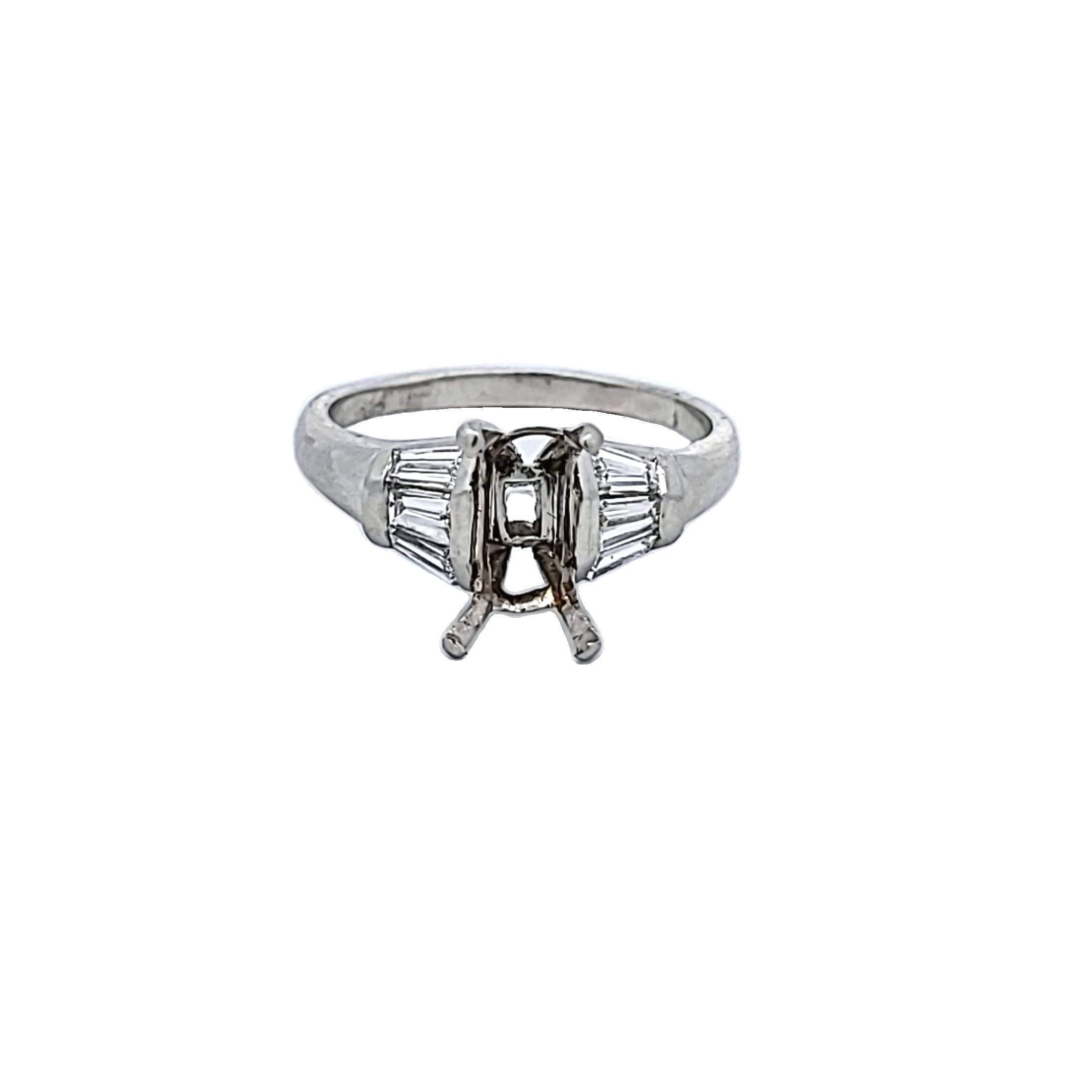 0.70 Carat Tapered Baguette Shape F VVS2 Diamond Platinum Semi Mount Ring