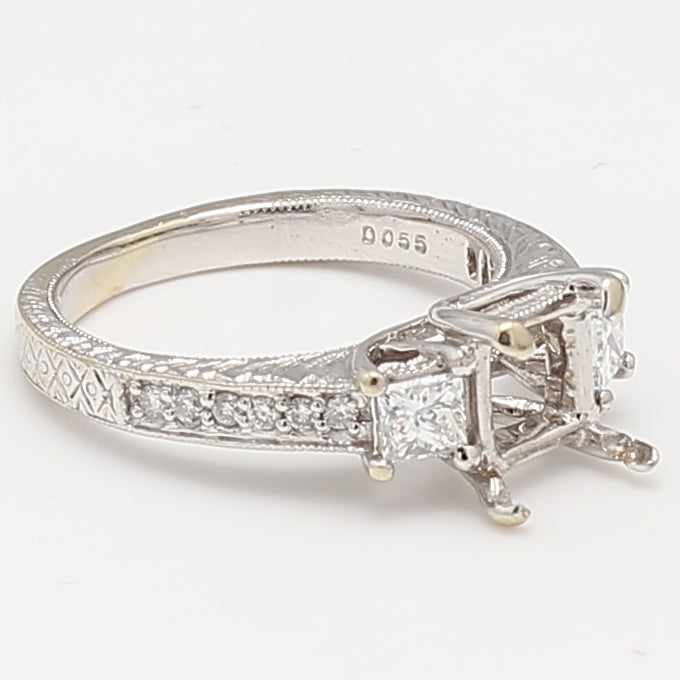 0.45 Carat Princess Cut and Round Diamond 18K White Gold Semi Mount Ring