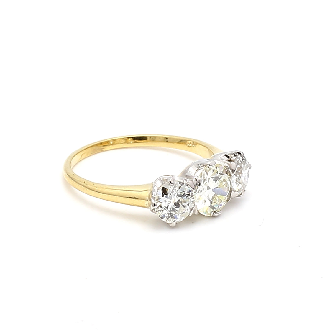 2.13 Carat Old European Cut Diamond 18K Two Tone Gold/Platinum Three-Stone Ring