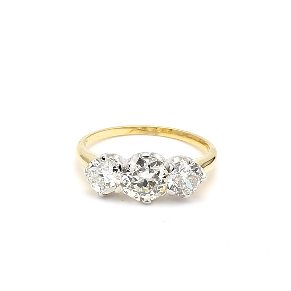 2.13 Carat Old European Cut Diamond 18K Two Tone Gold/Platinum Three-Stone Ring
