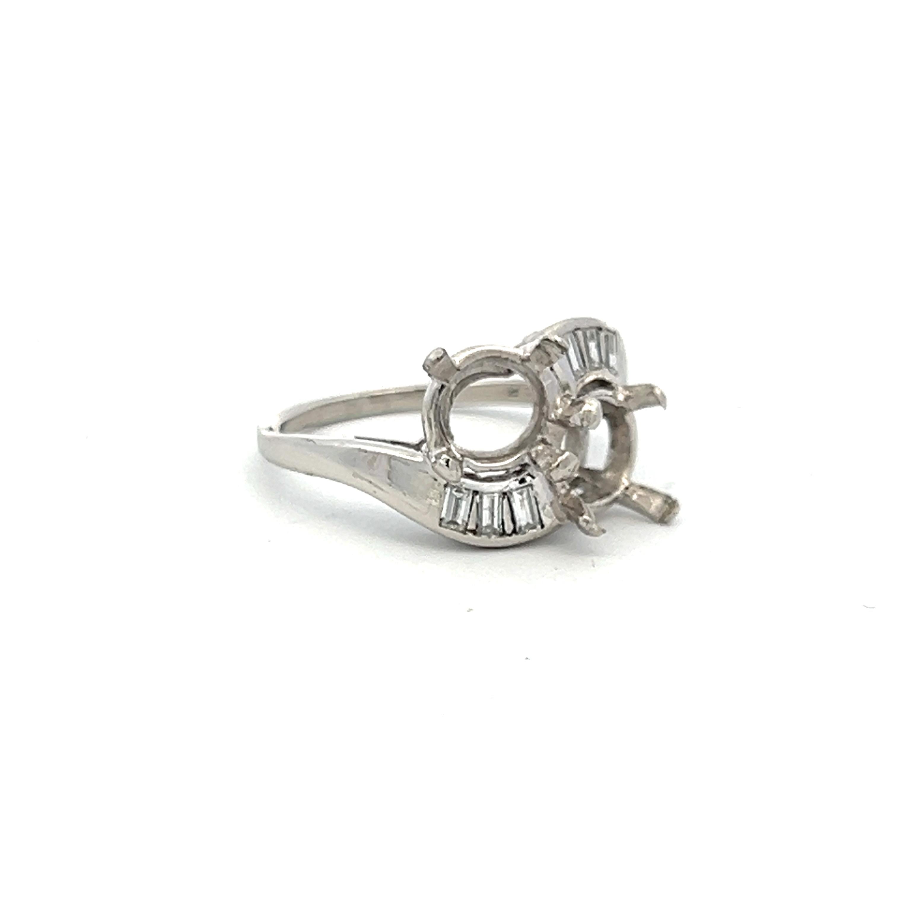 Platinum Two-Stone Semi Mount Ring with 0.18 Carat Tapered Baguette Diamonds