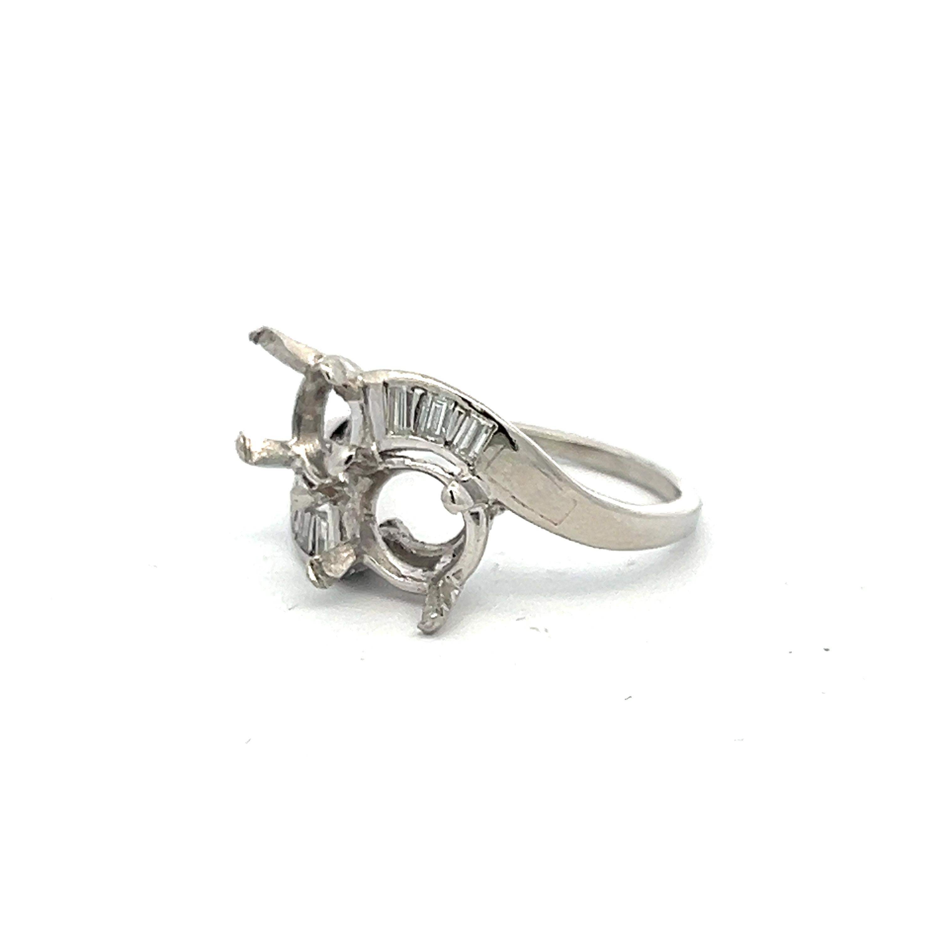 Platinum Two-Stone Semi Mount Ring with 0.18 Carat Tapered Baguette Diamonds