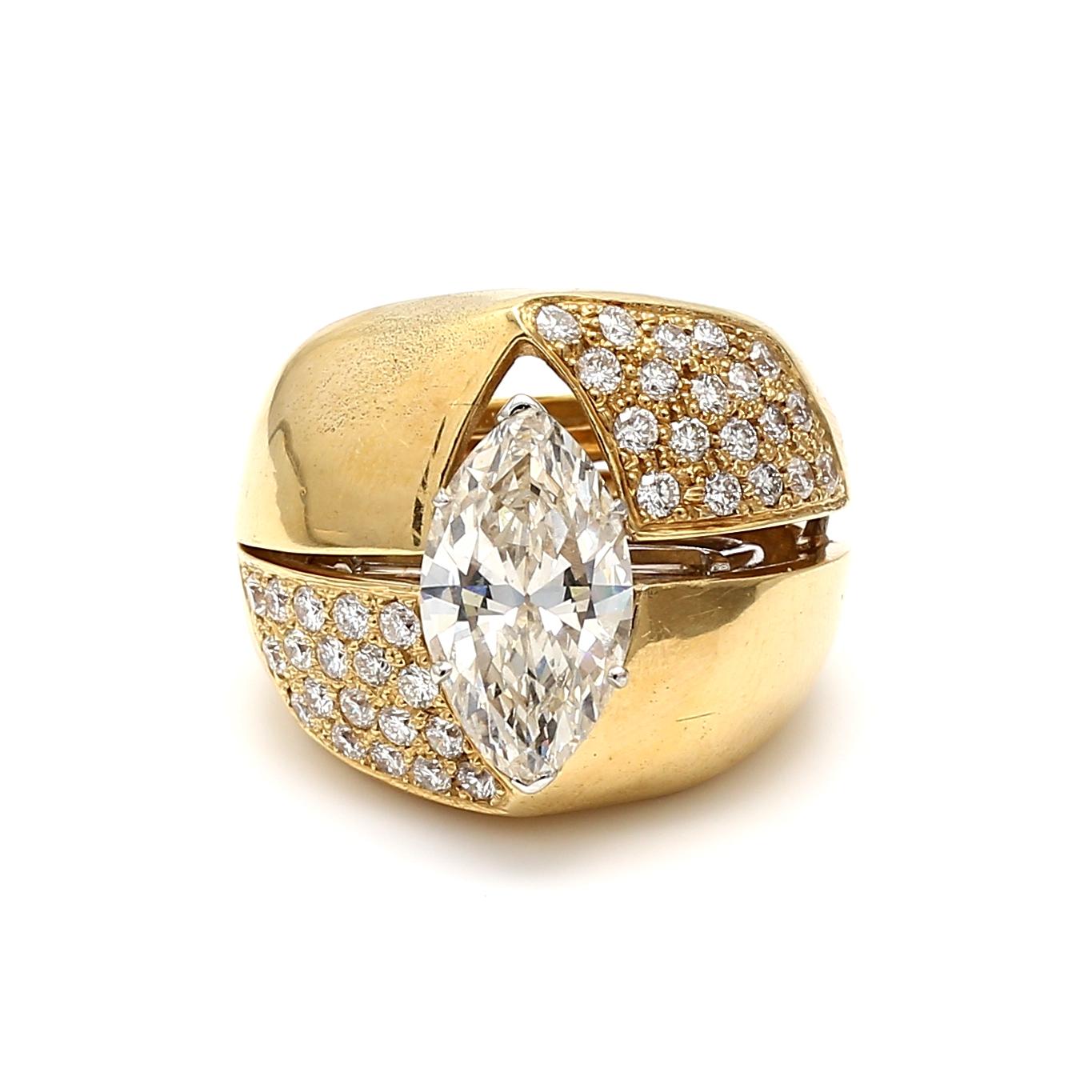 18K Gold-Platinum Cocktail Ring with 5.46 Ct. Round and GIA Marquis Diamonds