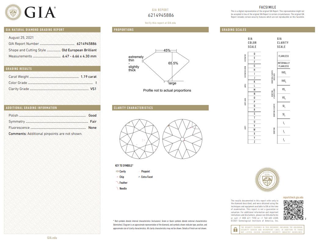 14K Yellow Gold Engagement Ring with 1.19 Carat Round Diamond Size 8 I VS2 GIA