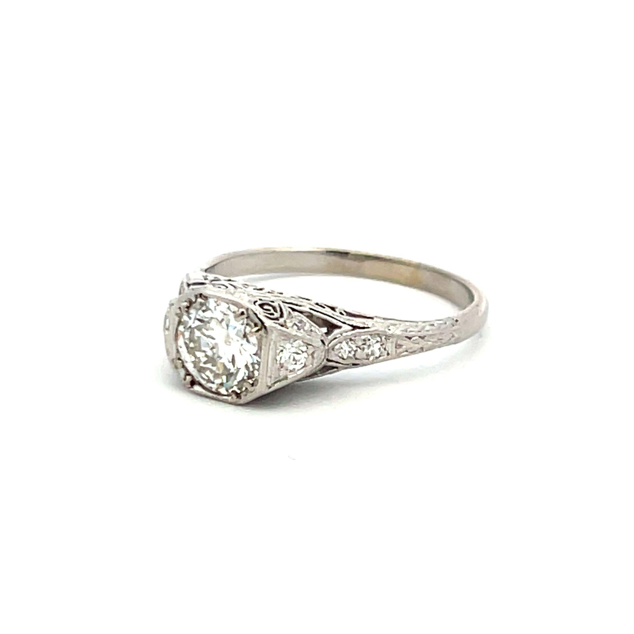 Platinum Art Deco Ring with 1.06 Carat Circular & Round Diamonds J I1 GIA
