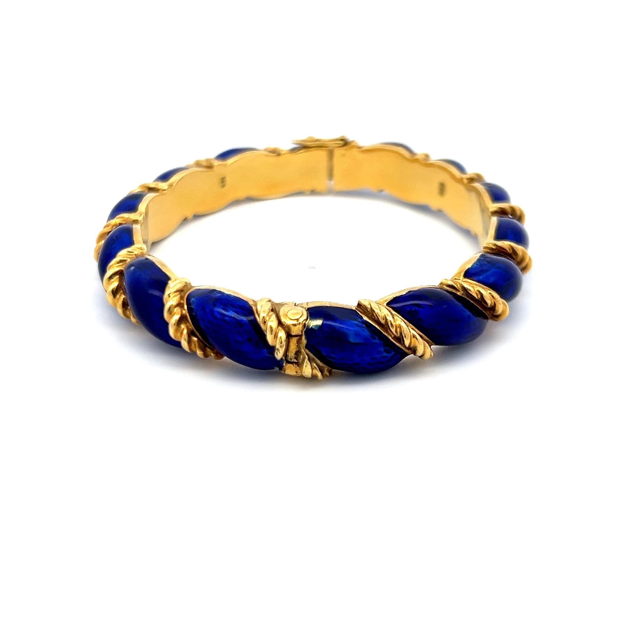 Tiffany & Co. 18K Yellow Gold Blue Enamel Twisted Rope Bangle Bracelet