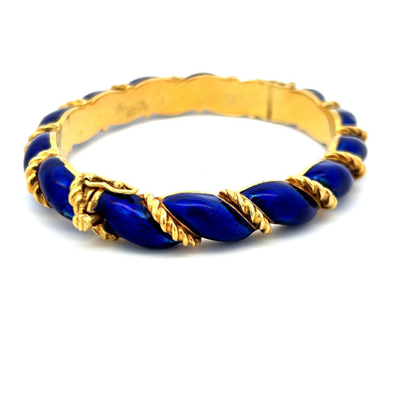 Tiffany & Co. 18K Yellow Gold Blue Enamel Twisted Rope Bangle Bracelet