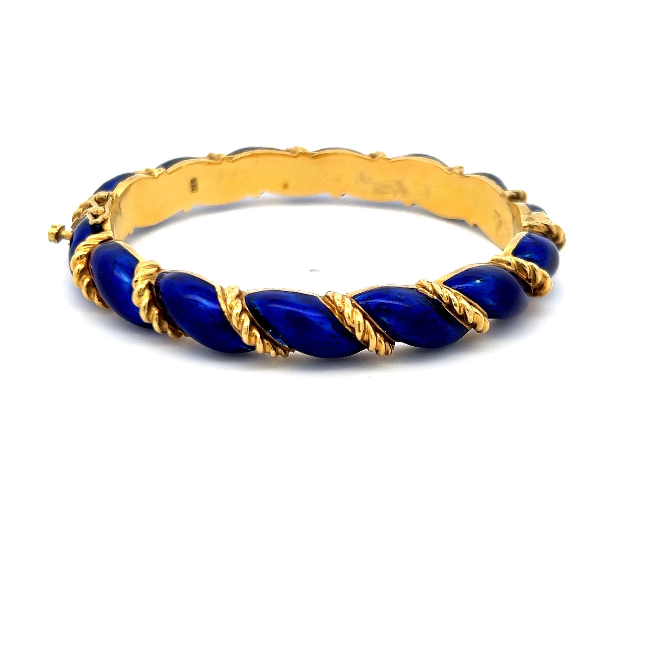 Tiffany & Co. 18K Yellow Gold Blue Enamel Twisted Rope Bangle Bracelet