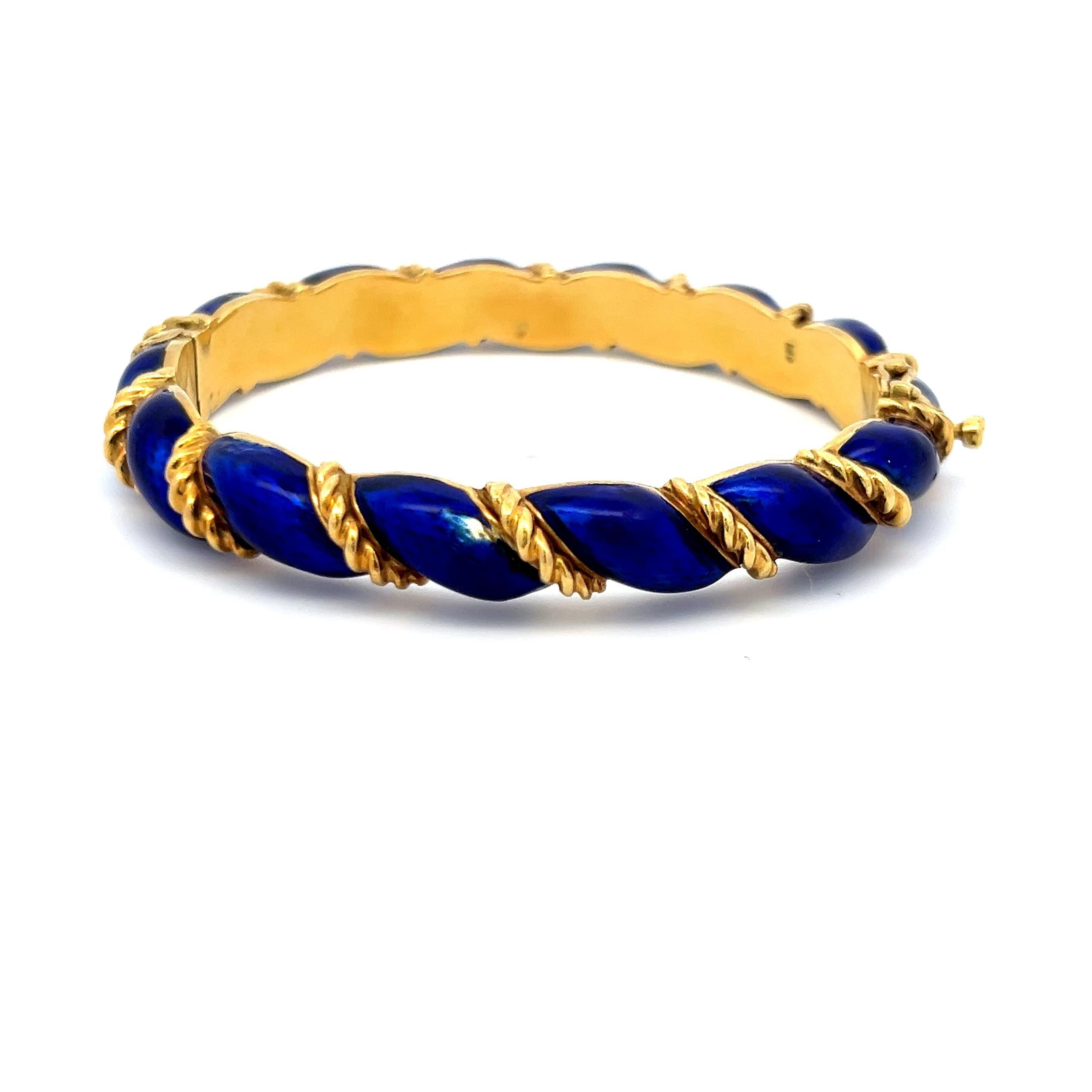 Tiffany & Co. 18K Yellow Gold Blue Enamel Twisted Rope Bangle Bracelet