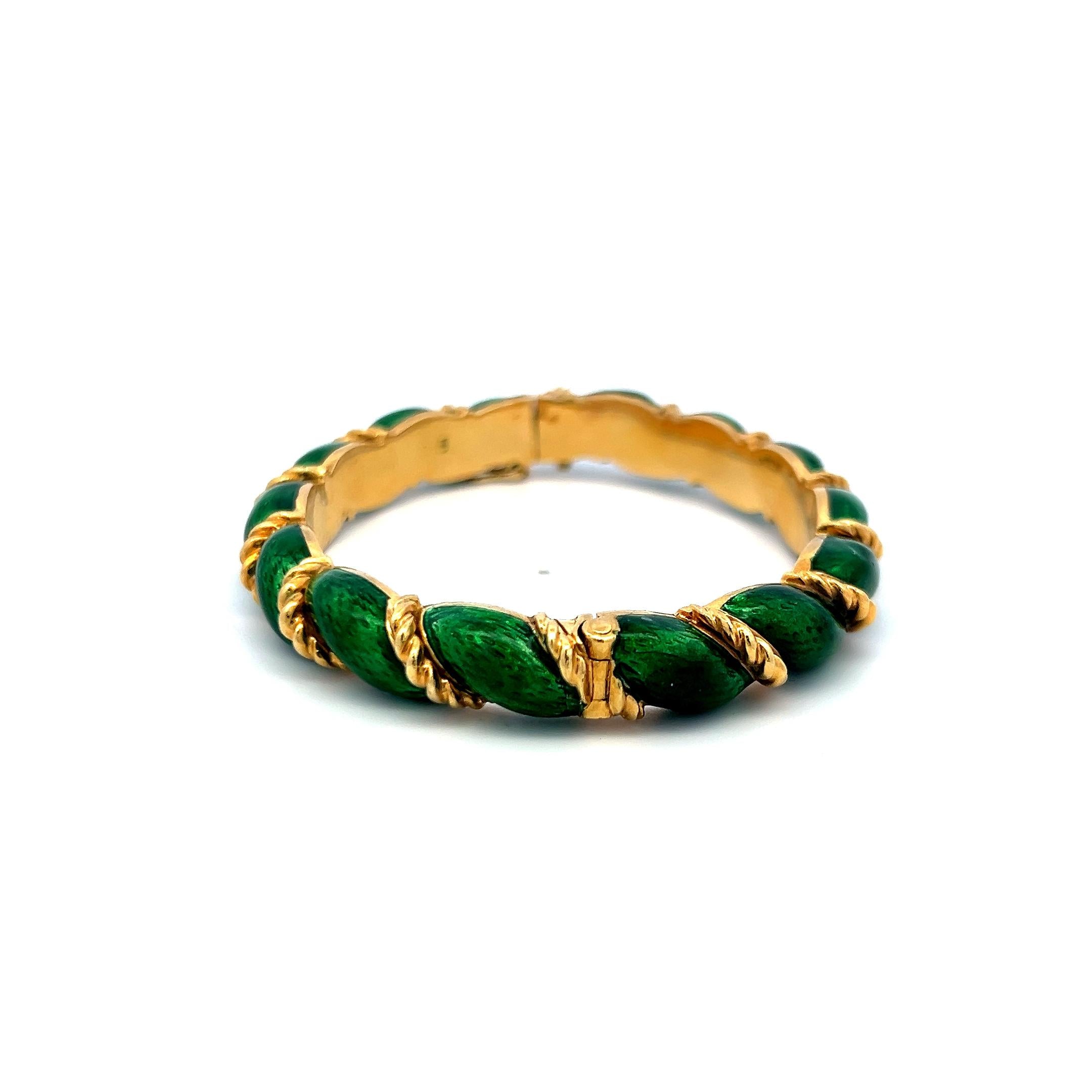 Tiffany & Co 18K Yellow Gold Green Enamel Vintage Bangle Bracelet