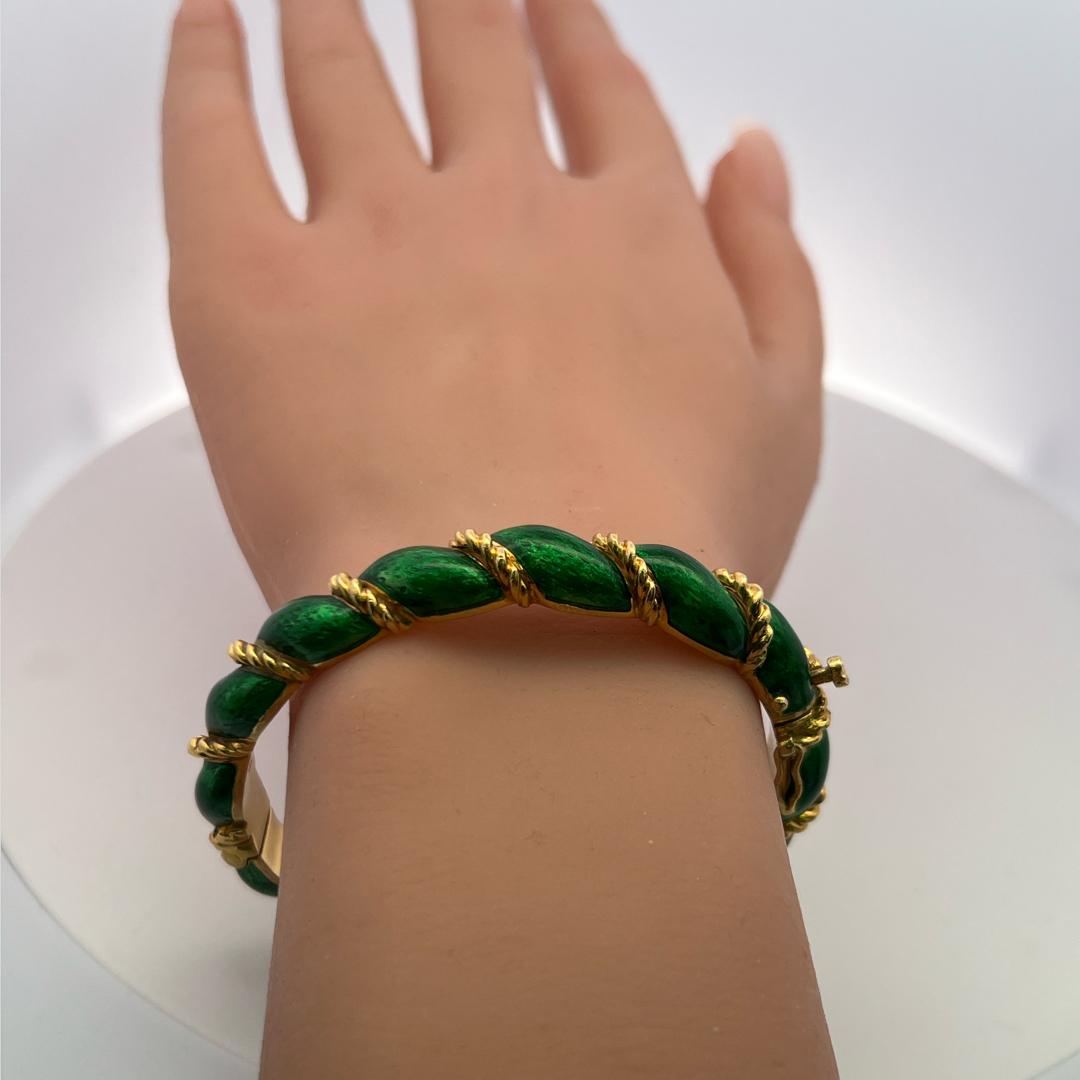 Tiffany & Co 18K Yellow Gold Green Enamel Vintage Bangle Bracelet