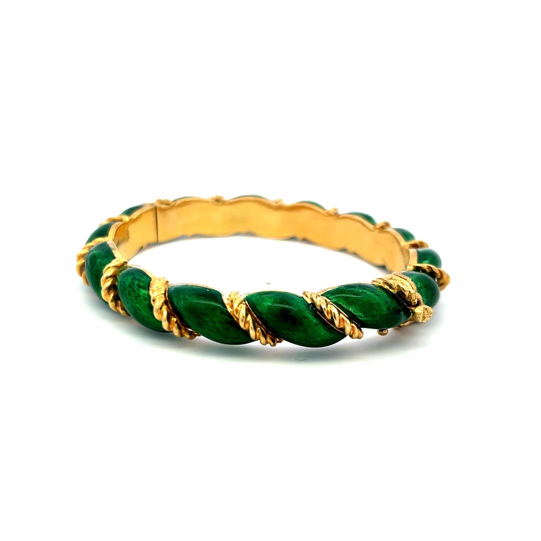 Tiffany & Co 18K Yellow Gold Green Enamel Vintage Bangle Bracelet