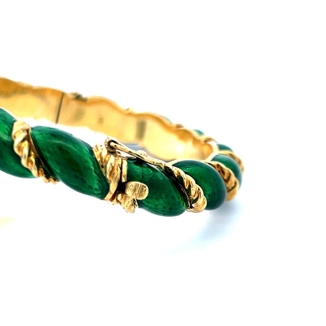 Tiffany & Co 18K Yellow Gold Green Enamel Vintage Bangle Bracelet