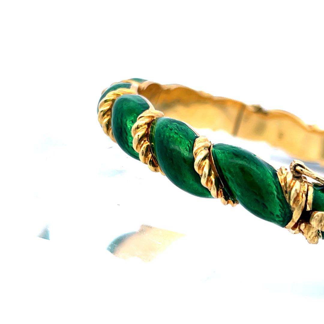 Tiffany & Co 18K Yellow Gold Green Enamel Vintage Bangle Bracelet