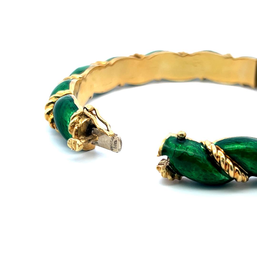 Tiffany & Co 18K Yellow Gold Green Enamel Vintage Bangle Bracelet