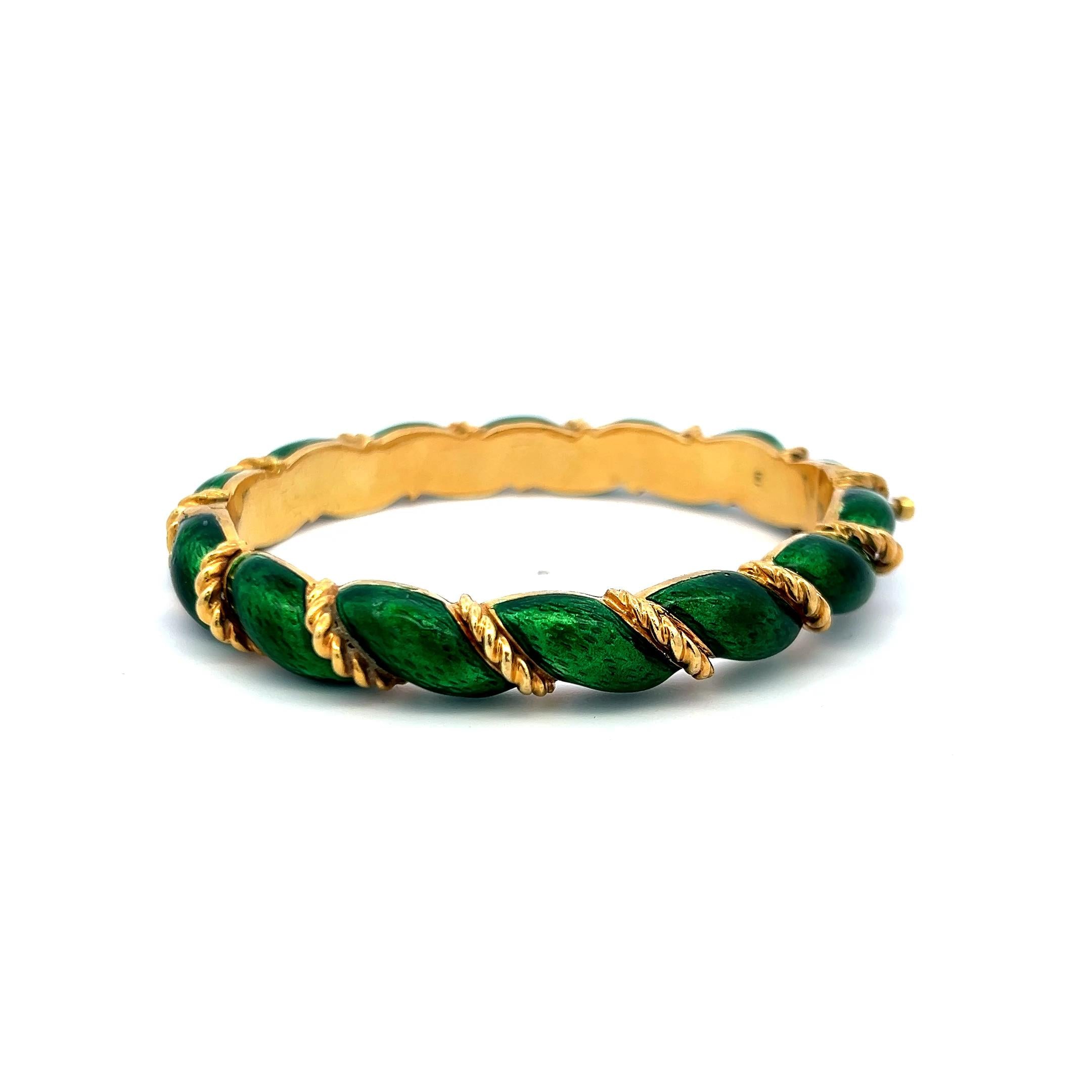 Tiffany & Co 18K Yellow Gold Green Enamel Vintage Bangle Bracelet