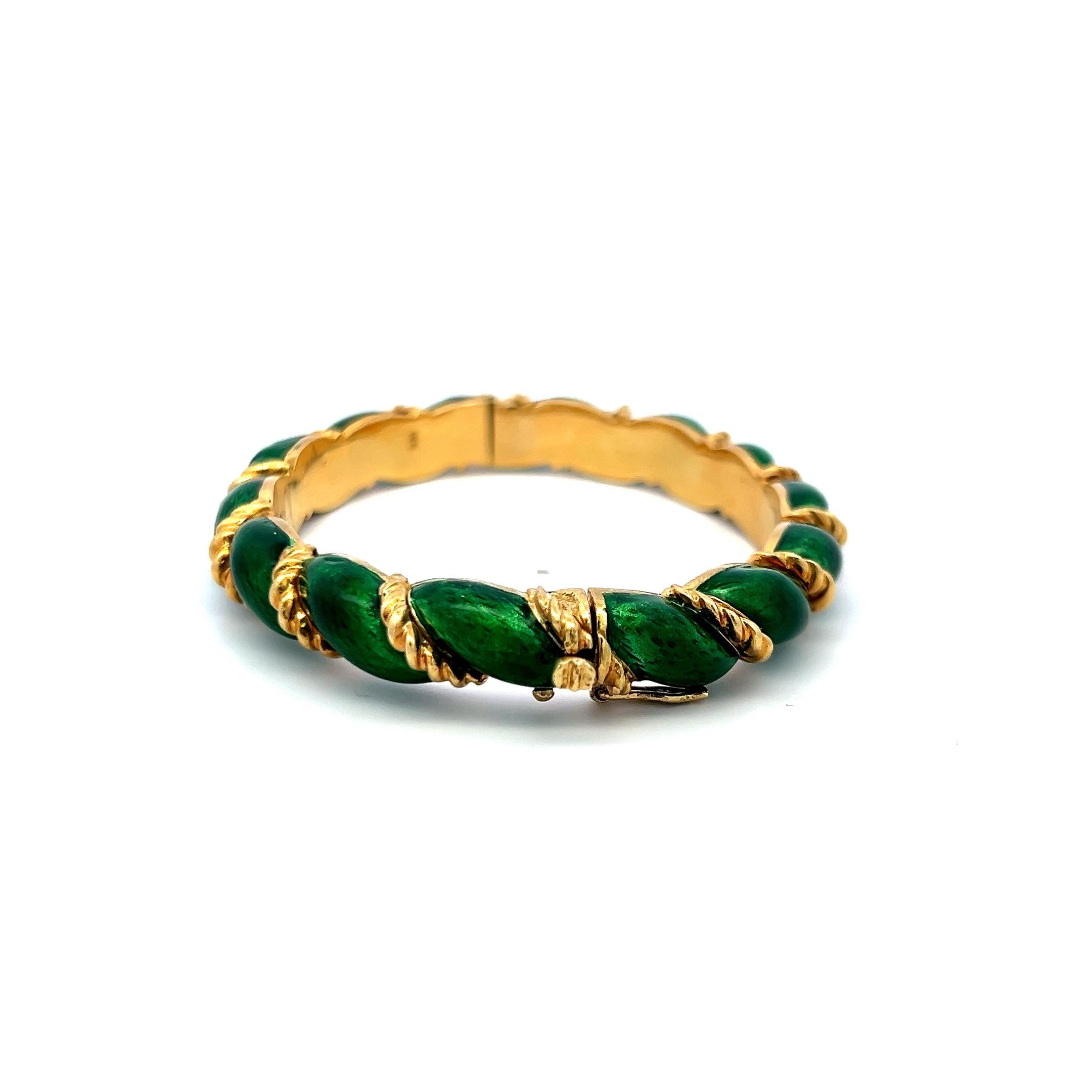 Tiffany & Co 18K Yellow Gold Green Enamel Vintage Bangle Bracelet