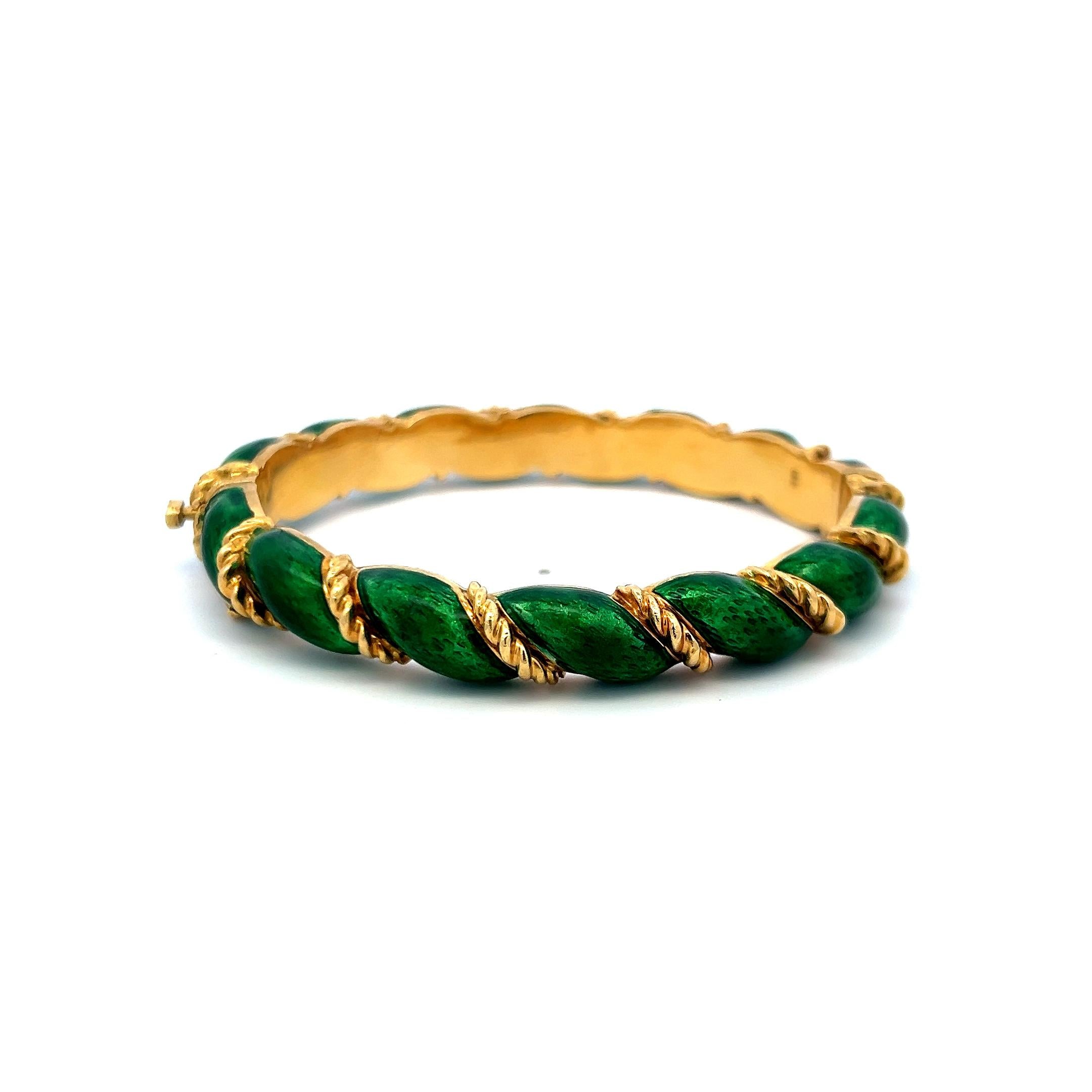 Tiffany & Co 18K Yellow Gold Green Enamel Vintage Bangle Bracelet