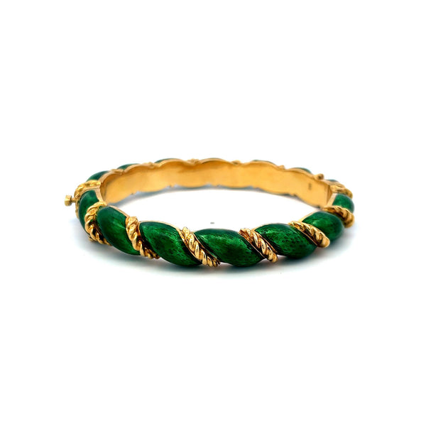 Tiffany & Co 18K Yellow Gold Green Enamel Vintage Bangle Bracelet