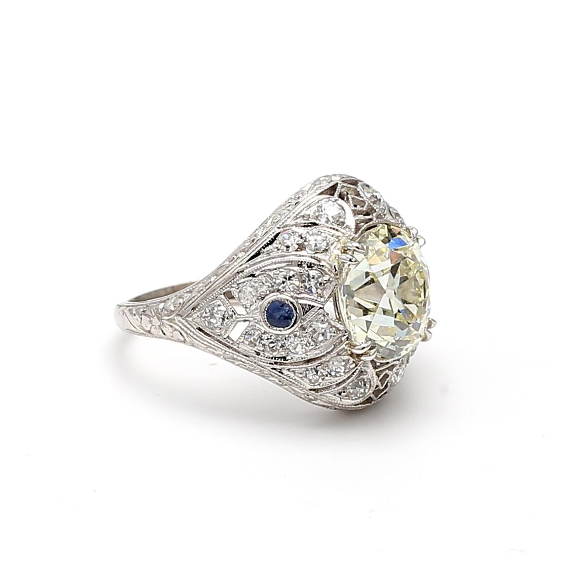 4.23ct Old European Cut Diamond & Sapphire Platinum Art Deco Filigree Ring