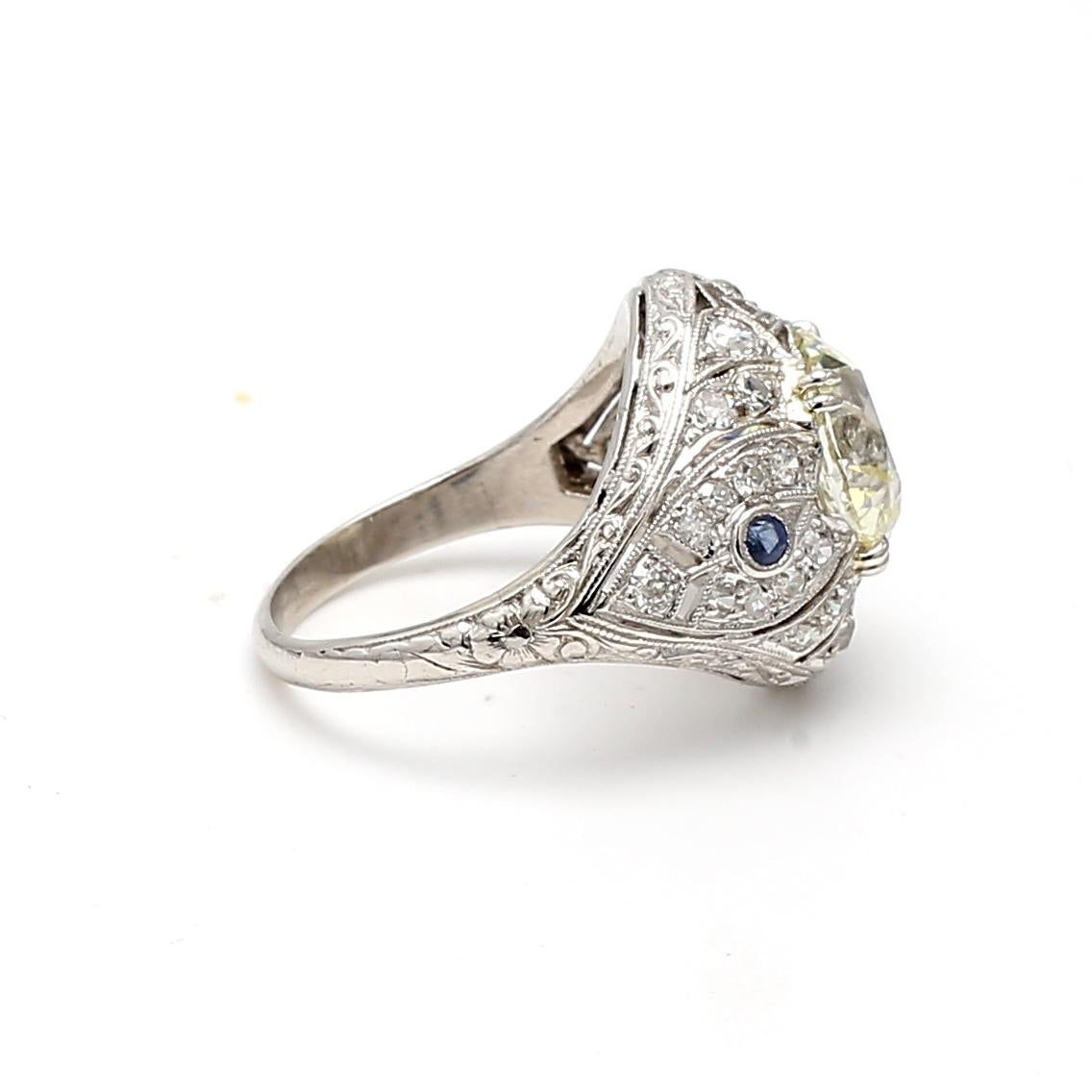 4.23ct Old European Cut Diamond & Sapphire Platinum Art Deco Filigree Ring