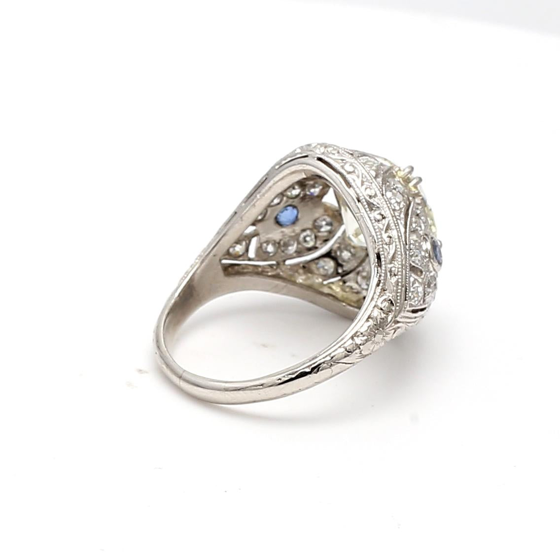 4.23ct Old European Cut Diamond & Sapphire Platinum Art Deco Filigree Ring