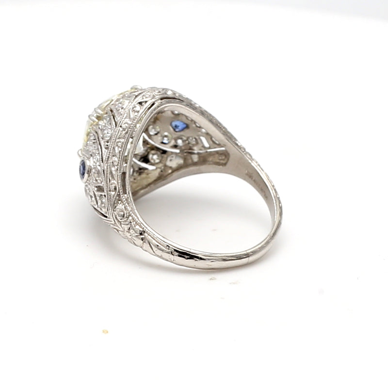 4.23 Carat Old European Cut Diamond 0.06 Carat Sapphire Platinum Art Deco Ring
