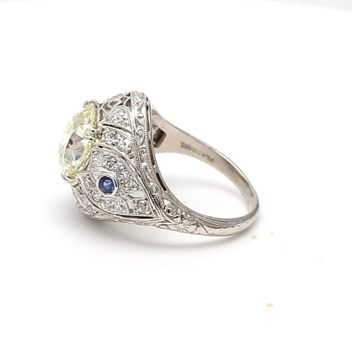 4.23ct Old European Cut Diamond & Sapphire Platinum Art Deco Filigree Ring