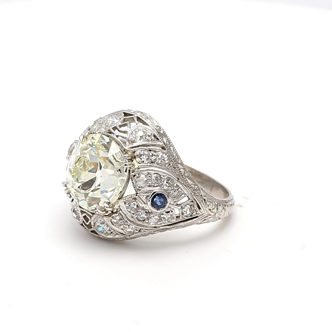 4.23ct Old European Cut Diamond & Sapphire Platinum Art Deco Filigree Ring