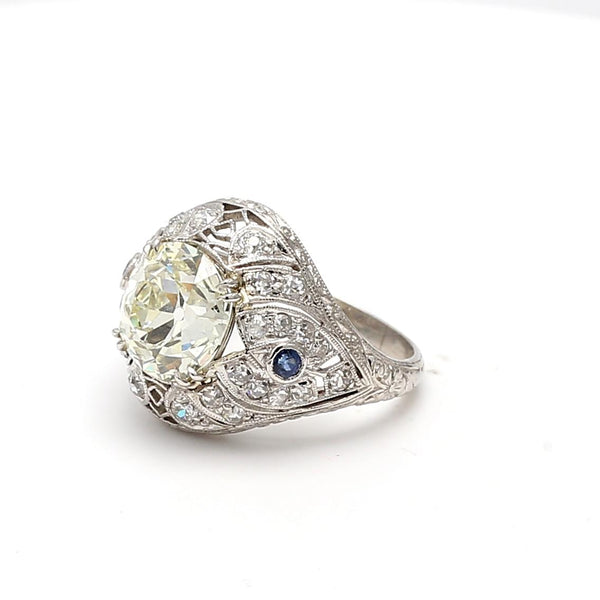 4.23ct Old European Cut Diamond & Sapphire Platinum Art Deco Filigree Ring
