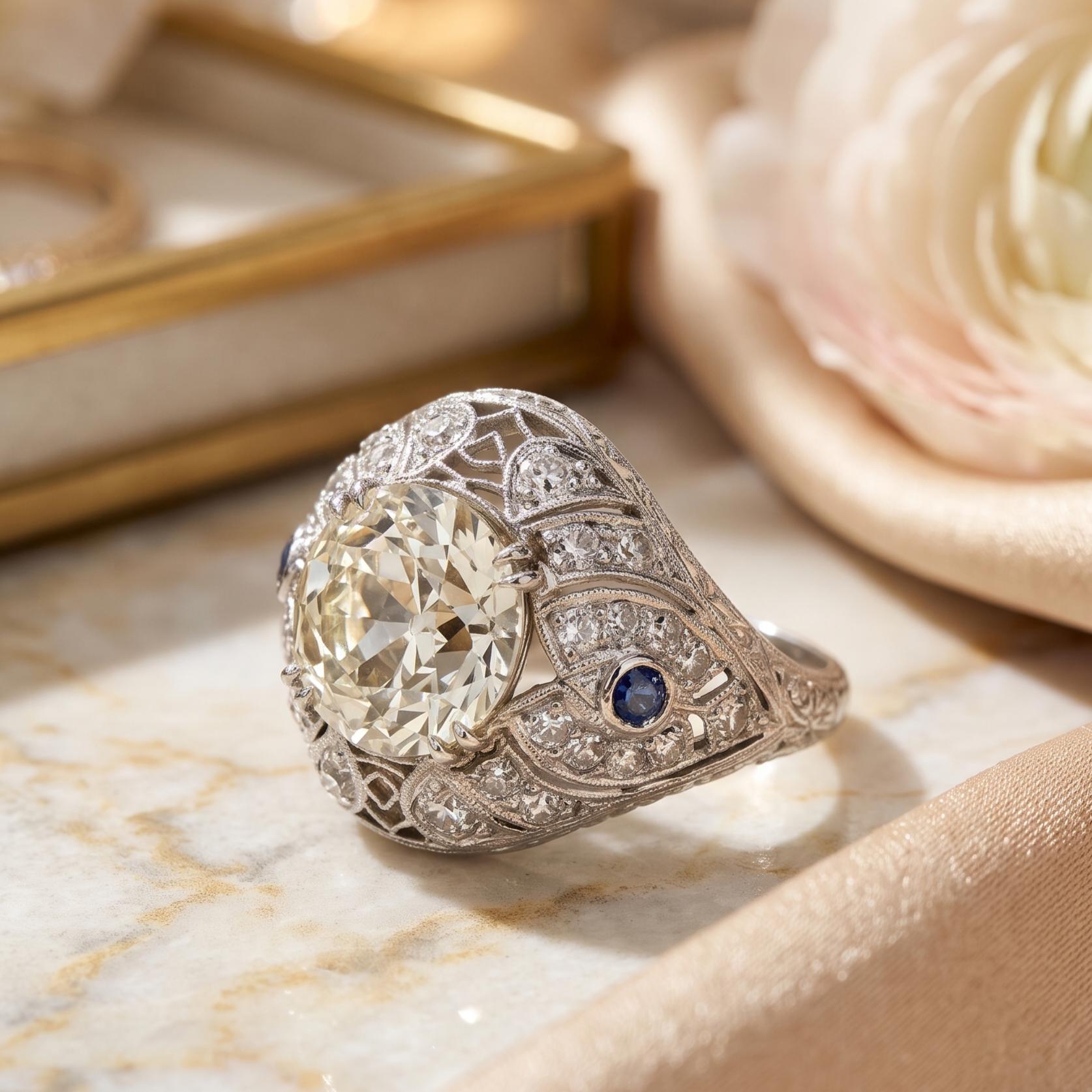 Platinum Art Deco Ring 4.23ct Old European Diamonds & 0.06ct Sapphire N VS1 GIA