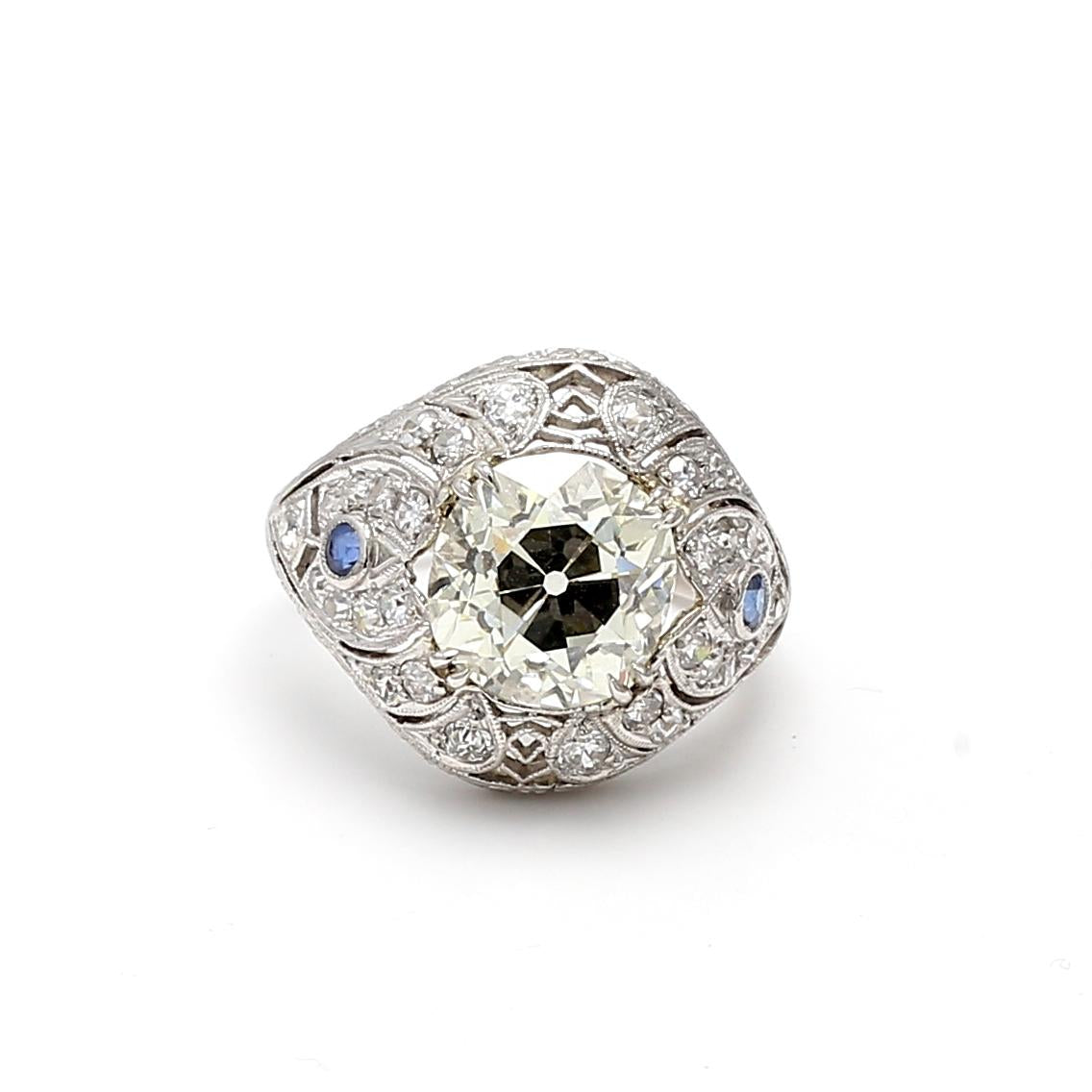 4.23ct Old European Cut Diamond & Sapphire Platinum Art Deco Filigree Ring