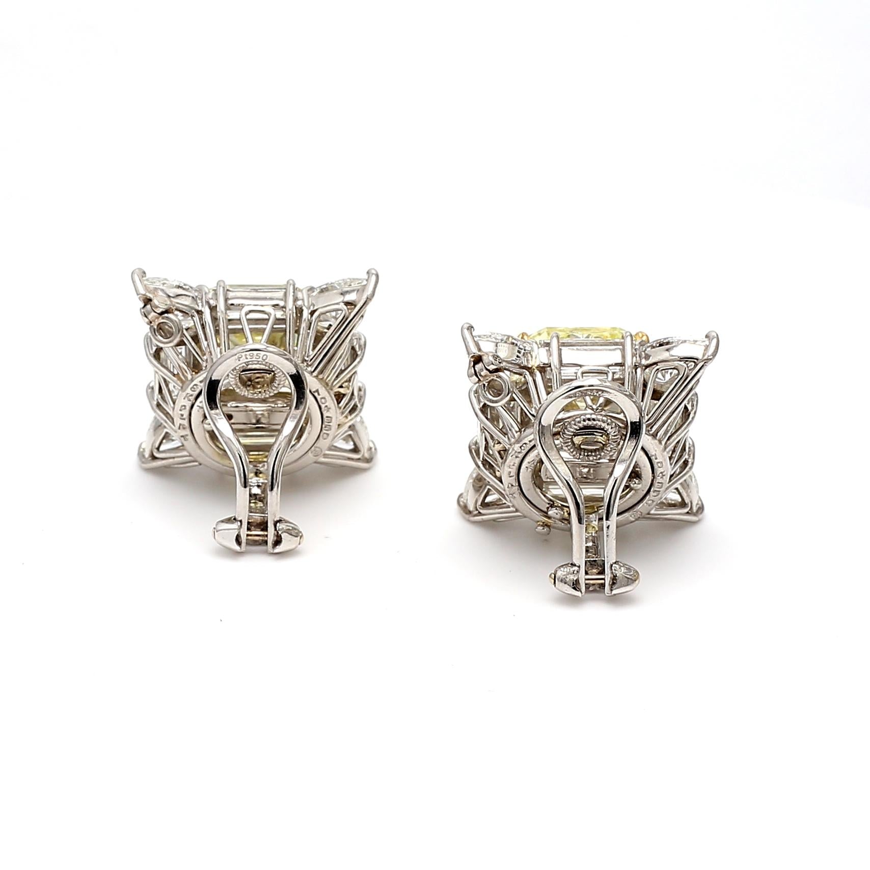 Oscar Heyman 13.72 Carat Radiant Fancy Yellow Diamond Platinum Clip on Earrings