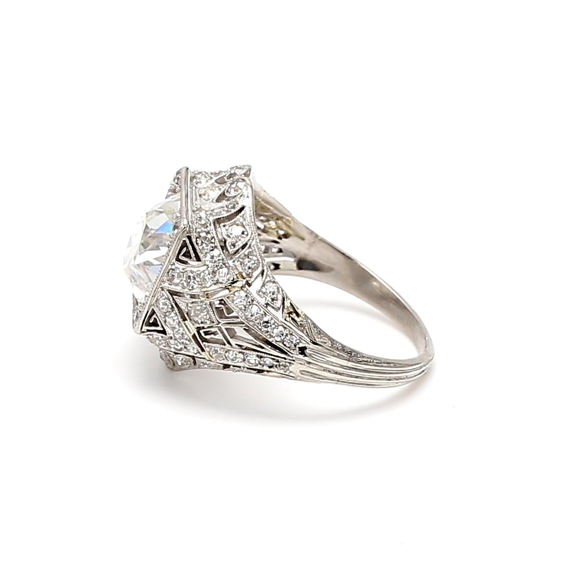 Platinum Art Deco Ring with 3.62ct Old European Cut Diamonds Size 7 I SI2 GIA