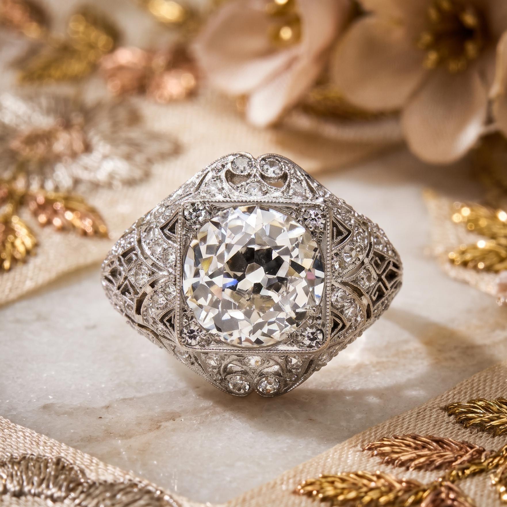 Platinum Art Deco Ring with 3.62ct Old European Cut Diamonds Size 7 I SI2 GIA