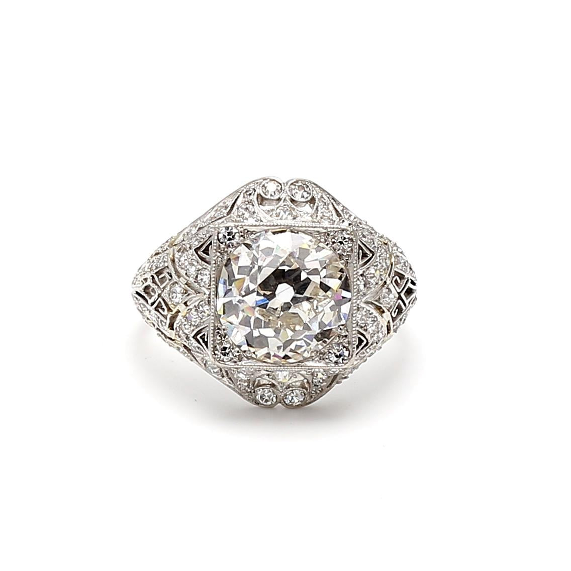 Platinum Art Deco Ring with 3.62ct Old European Cut Diamonds Size 7 I SI2 GIA