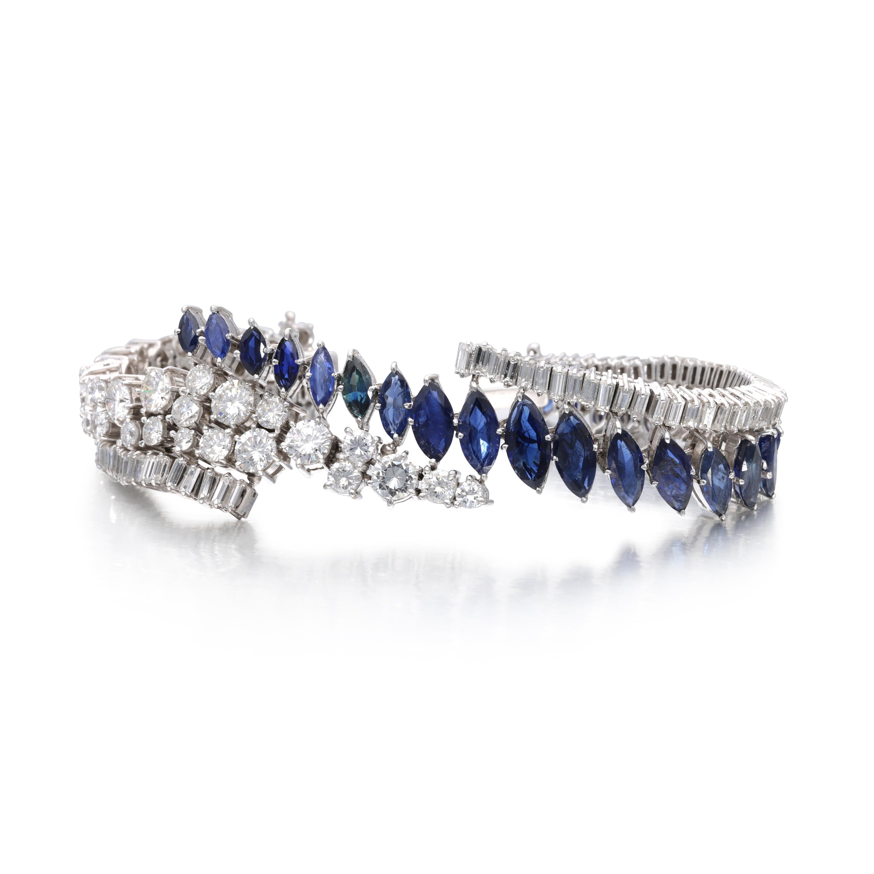 Platinum 1960s Link Bracelet with 9ct Round & Baguette Diamonds 9.95ct Sapphire