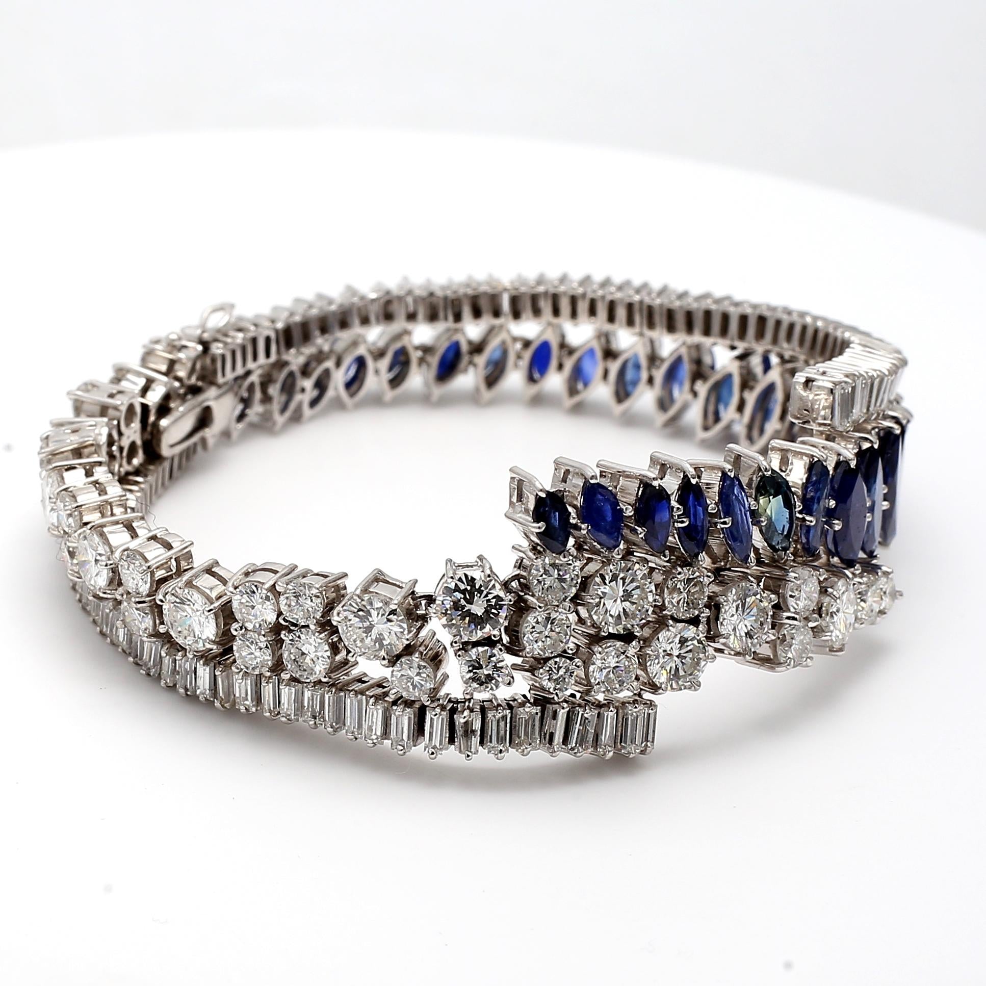 Platinum 1960s Link Bracelet with 9ct Round & Baguette Diamonds 9.95ct Sapphire