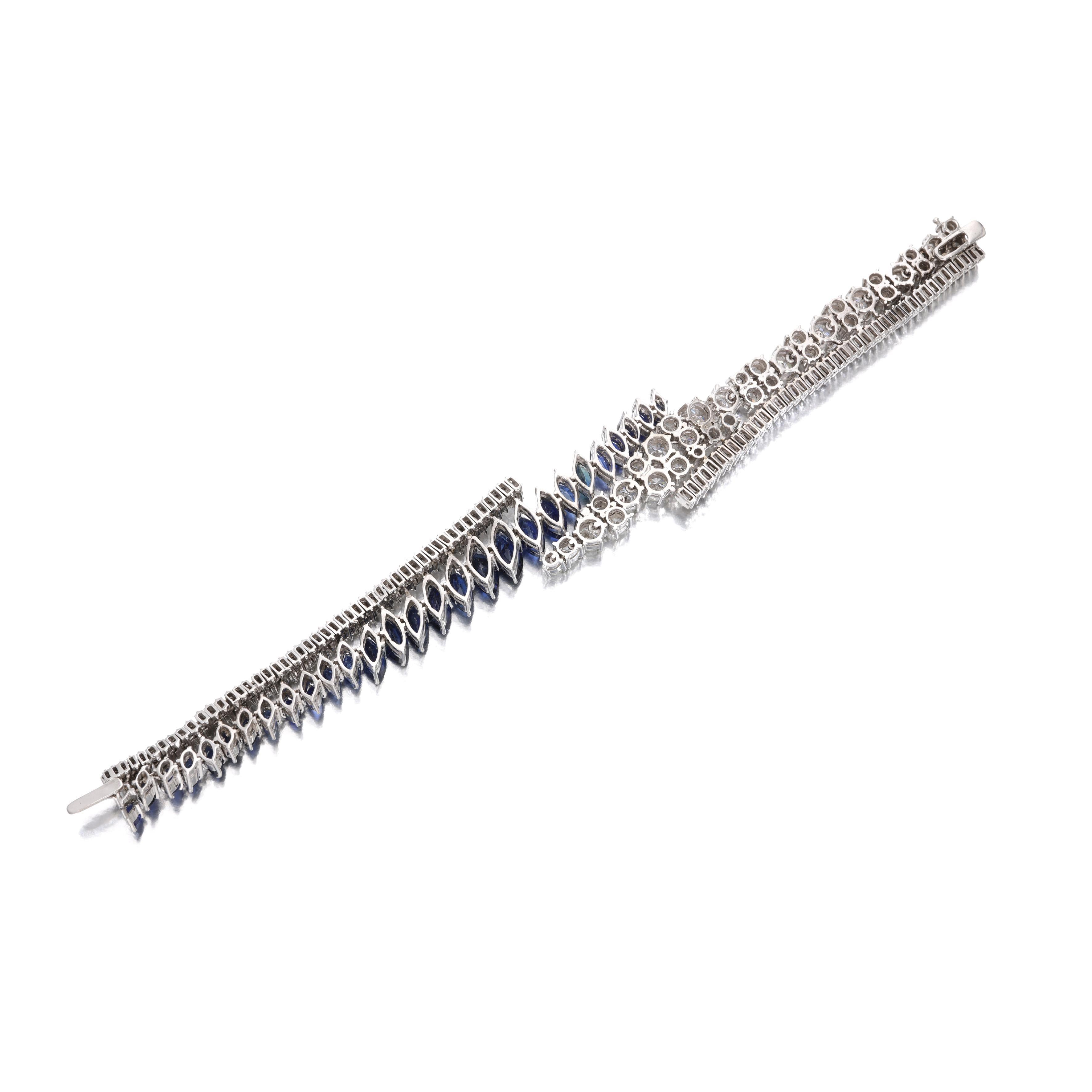 Platinum 1960s Link Bracelet with 9ct Round & Baguette Diamonds 9.95ct Sapphire