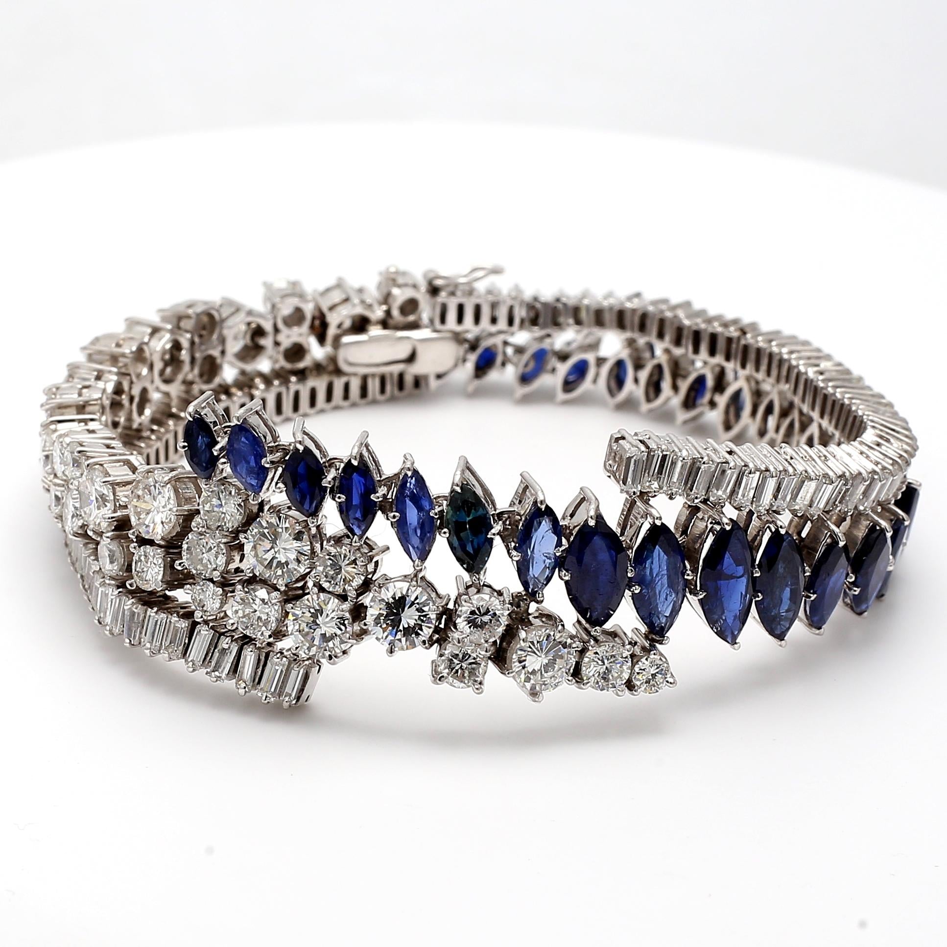 Platinum 1960s Link Bracelet with 9ct Round & Baguette Diamonds 9.95ct Sapphire