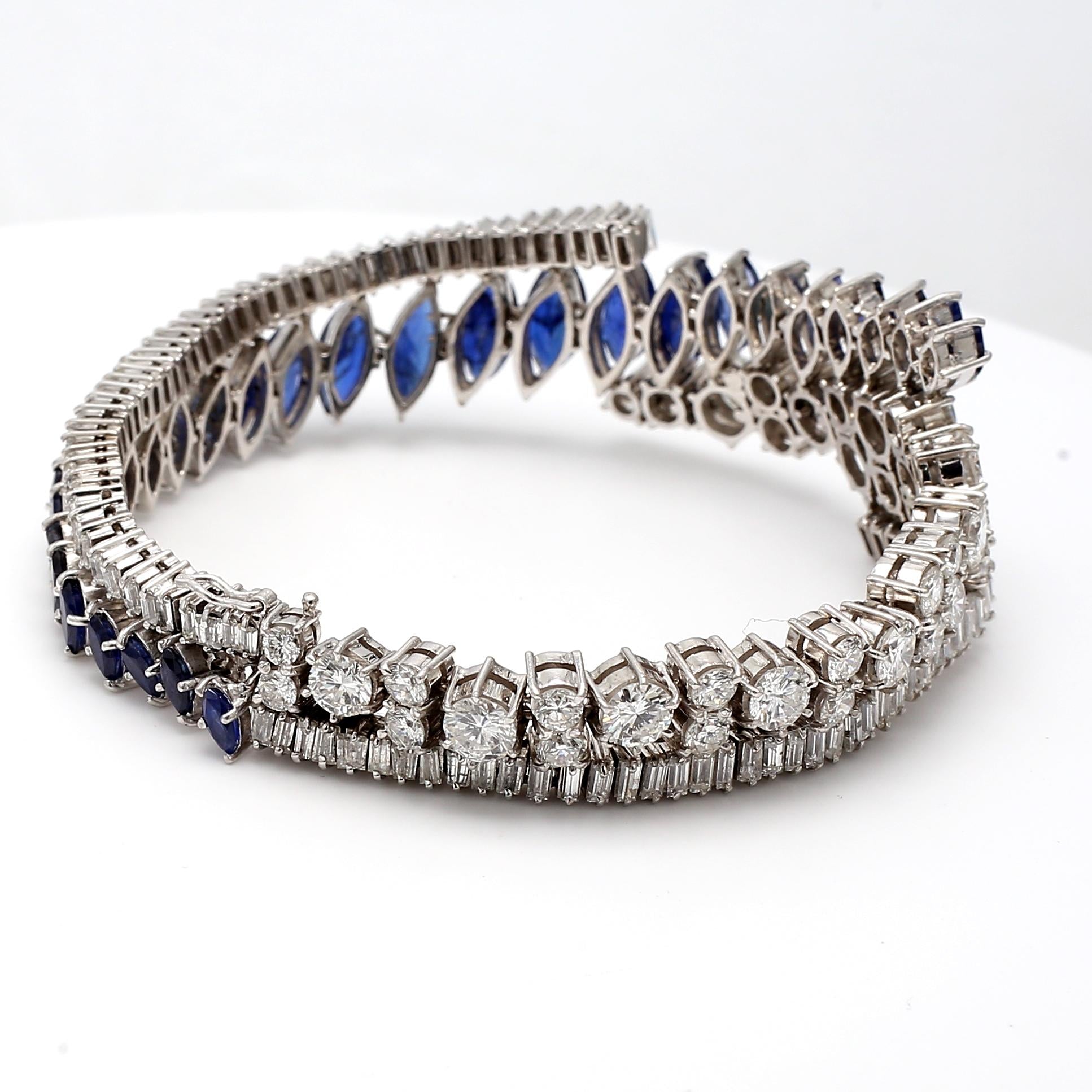 Platinum 1960s Link Bracelet with 9ct Round & Baguette Diamonds 9.95ct Sapphire