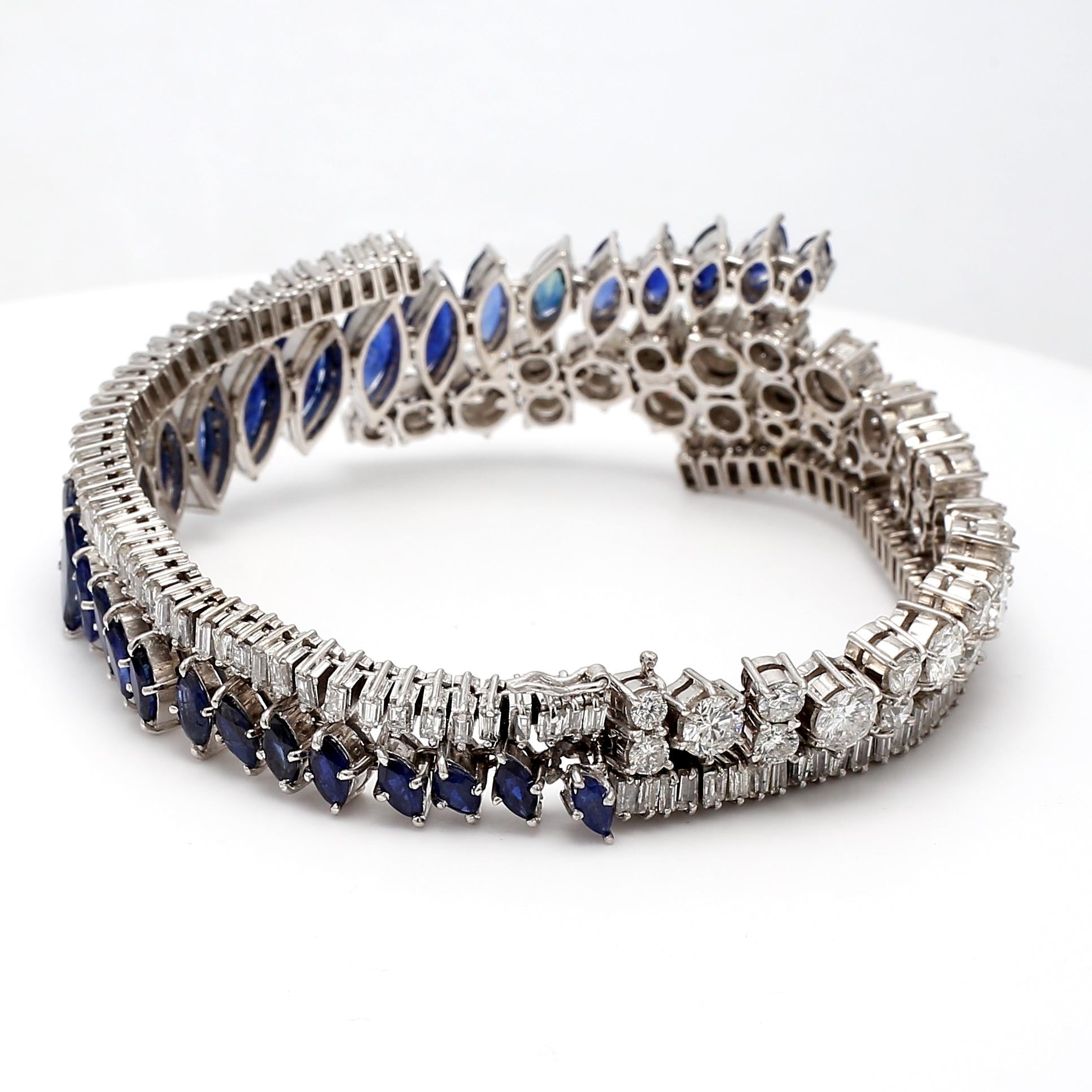 Platinum 1960s Link Bracelet with 9ct Round & Baguette Diamonds 9.95ct Sapphire