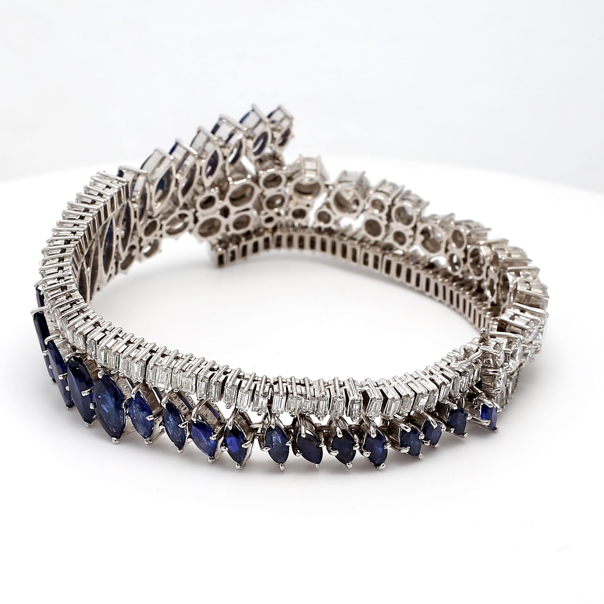 Platinum 1960s Link Bracelet with 9ct Round & Baguette Diamonds 9.95ct Sapphire